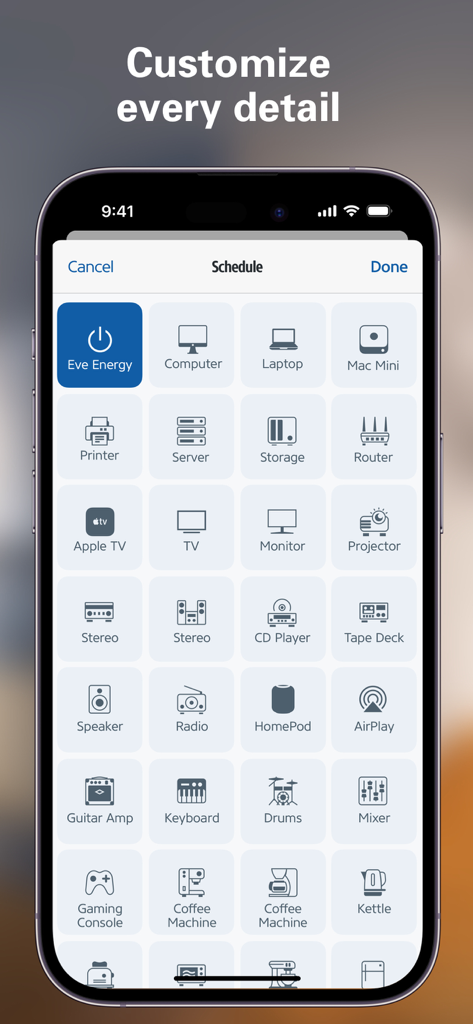 Eve for Matter & HomeKit - A smartphone display showing a grid of diverse smart home device icons within the Eve app schedule customization screen