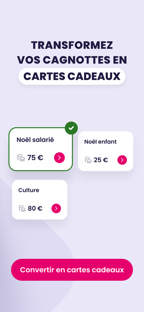 My illicado - Mobile app interface showing options to convert employee benefit pools like Christmas and Culture into digital gift cards.