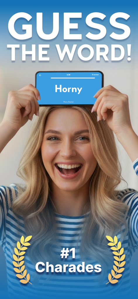 Woman playing a charades party game for adults with a phone on her forehead