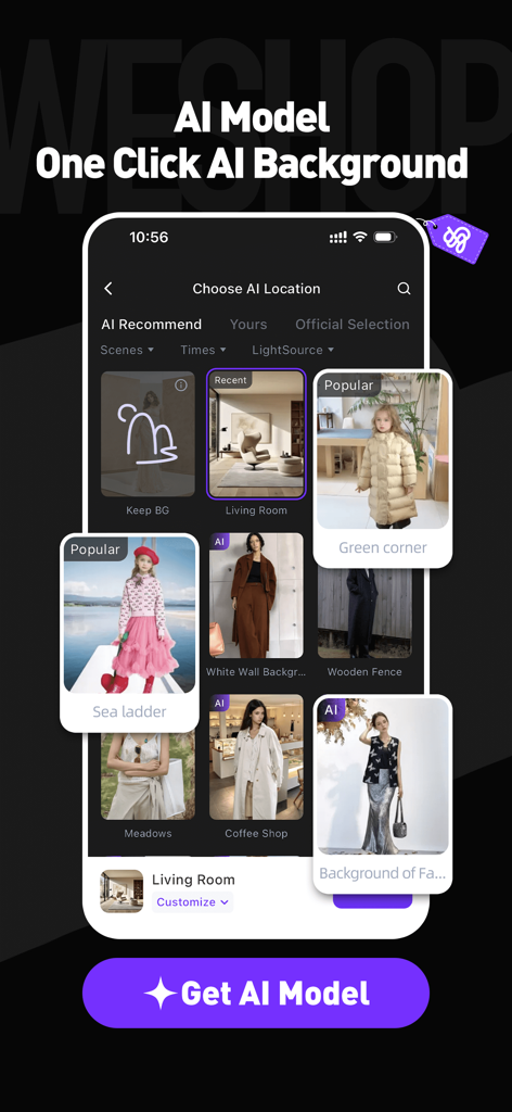 WeShop AI - Swap Face & BG - Oberfläche der WeShop AI App mit einer Bibliothek verschiedener Hintergrundszenen für Modefotografie, einschließlich Innen- und Außenbereichen