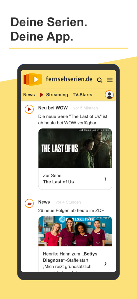 fernsehserien.de - Un écran de smartphone affichant le flux de nouvelles de l'application fernsehserien.de avec des mises à jour sur The Last of Us et d'autres séries.