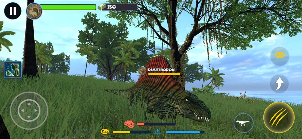 Jurassic Clash Primal Dino Sim - Gameplay screenshot of a Dimetrodon dinosaur roaming a tropical island in Jurassic Clash Primal Dino Sim