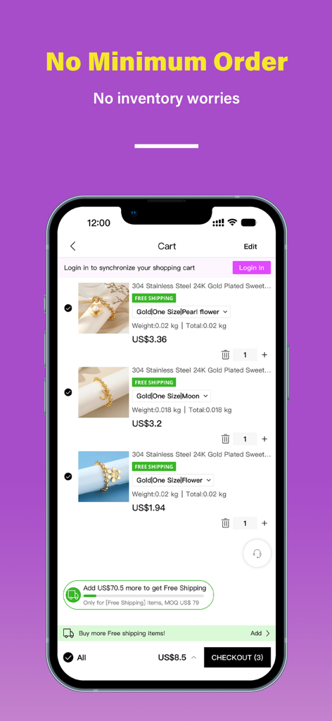 Screenshot of Nihaojewelry app cart showing jewelry items with no minimum order requirements for boutique owners