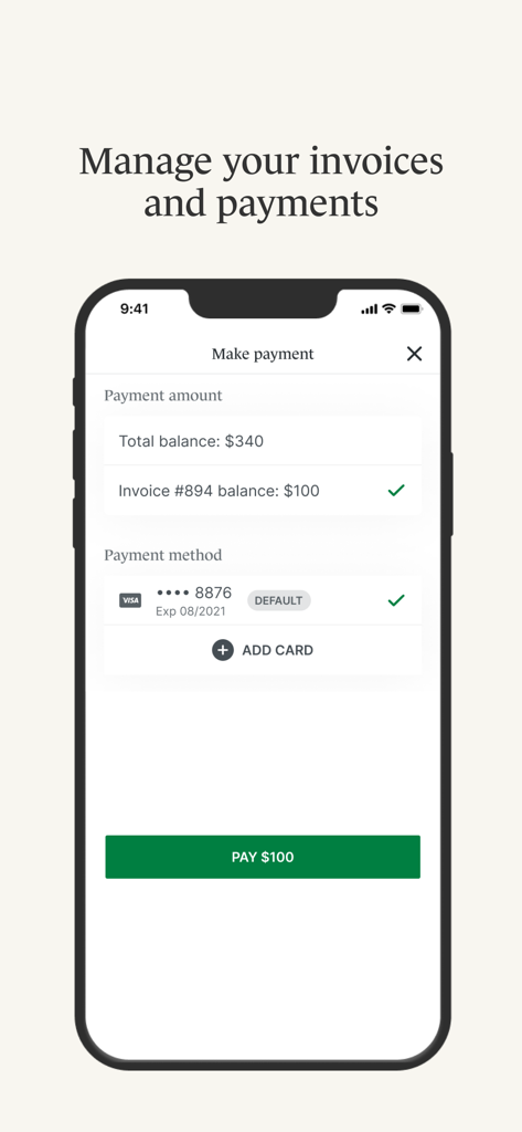 Mobile app interface for managing healthcare invoices and making digital payments within the SimplePractice Client Portal.