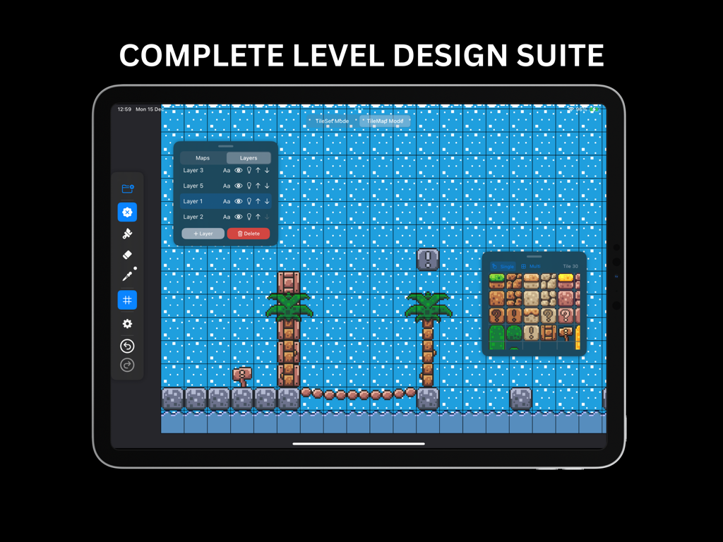 TilePix - TilePix iPad app interface displaying a 2D pixel art level design with layers and tileset tool panels