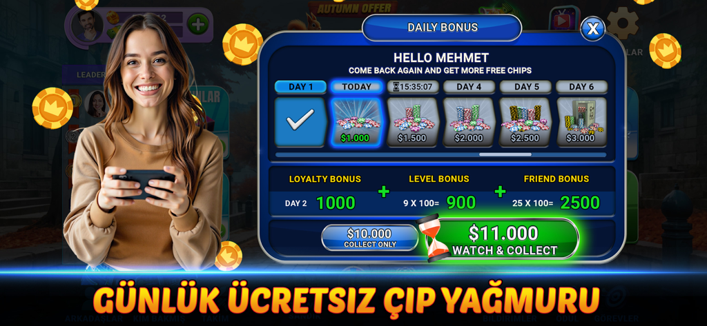 101 Okey Club - Yüzbir Okey - Daily bonus screen in the 101 Okey Club app showing free chip rewards and loyalty bonuses