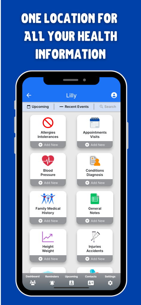 KeepTrackMed - Health Record - Dashboard of KeepTrackMed health record app displaying tracking categories for family medical history, appointments, and conditions.