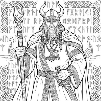 Step into the epic world of Norse mythology with this grand Viking Godhi coloring page, thoughtfully designed for seniors. Its clear lines and majestic details promise a satisfying and engaging creative escape.