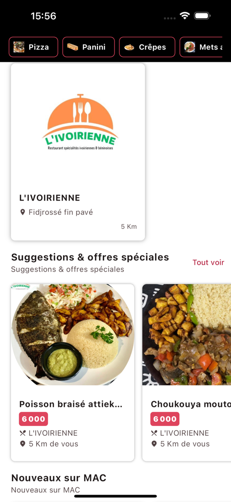 MAC Eats - Interface do aplicativo MAC Eats mostrando sugestões de restaurantes locais e ofertas especiais de comida