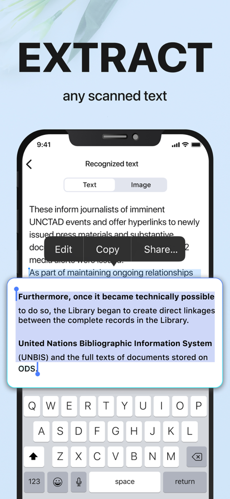 xScan : Document Scanner App - Pantalla de la aplicación xScan mostrando la extracción de texto y las capacidades OCR para documentos escaneados
