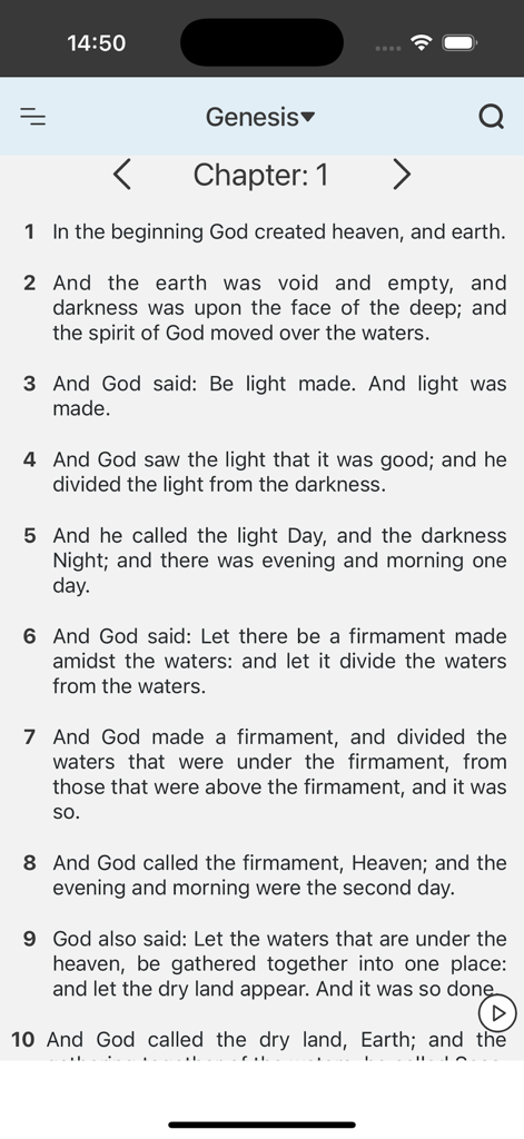 Douay Rheims Bible (DRB/DRV) - A mobile interface showing the first chapter of Genesis from the Douay Rheims Bible with traditional English text.