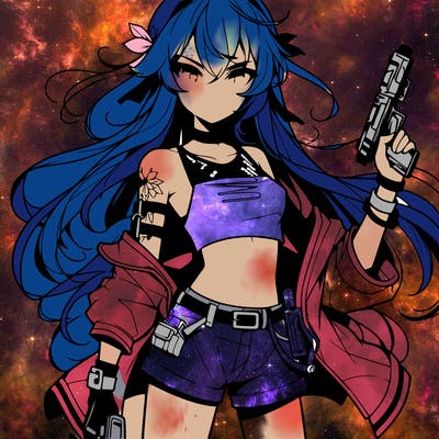 bad girl wearing crop top holding a gun long hair anime