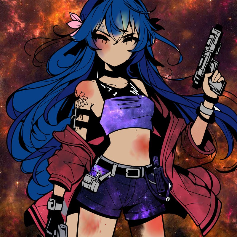 bad girl wearing crop top holding a gun long hair anime