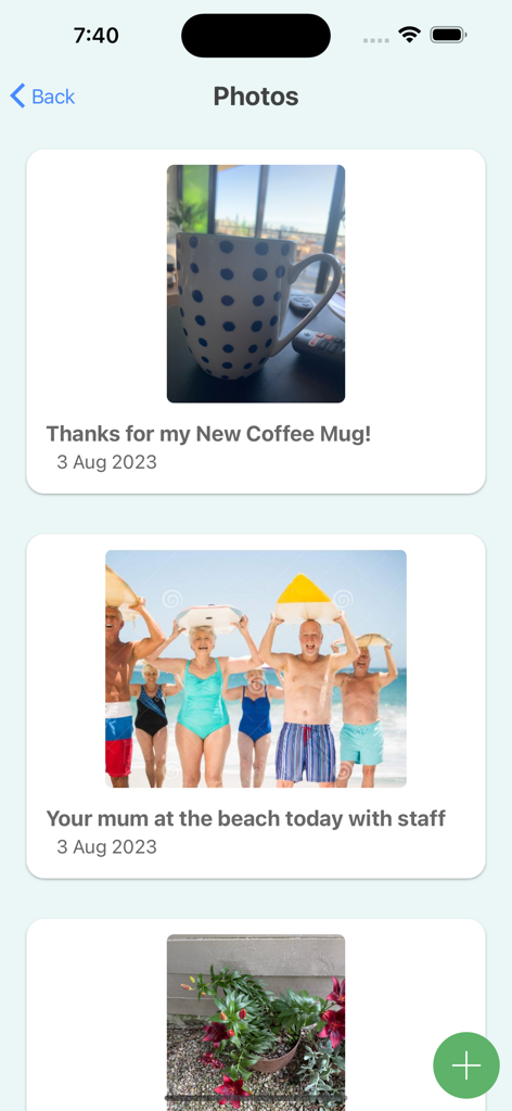 Photo feed in the Leecare P6MyCarePlan app showing daily life updates of a resident including a gift mug and a beach trip with staff.