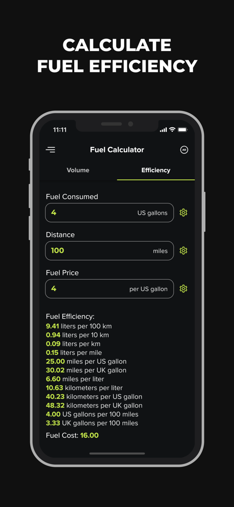 Interface of the Fuel Calculator app displaying fuel efficiency and cost calculations in dark mode.