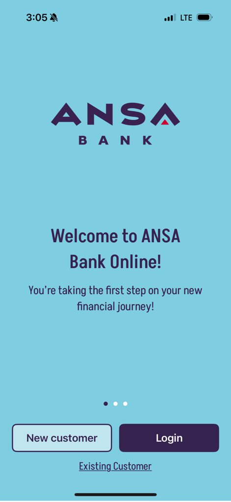 ANSA Bank Mobile - Pantalla de bienvenida de la aplicación ANSA Bank Mobile con botones para registro de nuevos clientes e inicio de sesión