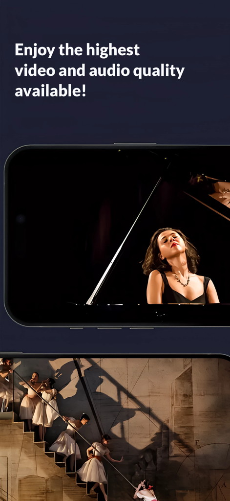 medici.tv: classical music - medici.tv app interface showing high-definition classical piano performance and ballet scene