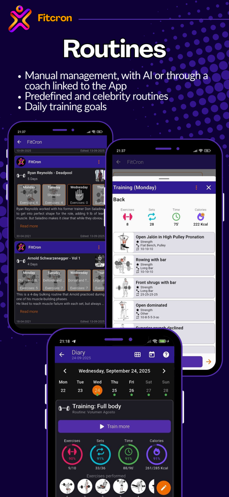 Fitcron App-Screenshots mit Trainingsroutine-Management, Promi-Trainingsplänen und einem täglichen Übungs-Tracker