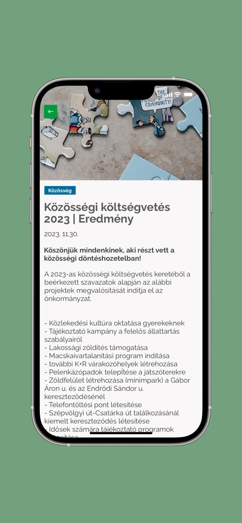 Buda App - Pantalla de noticias de la aplicación Buda que muestra los resultados del presupuesto comunitario de 2023 con una lista de proyectos locales.