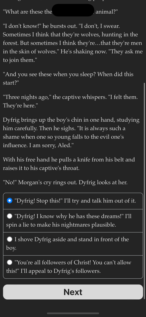 Pendragon Rising - Interactive fiction gameplay in Pendragon Rising showing story text and four choice buttons