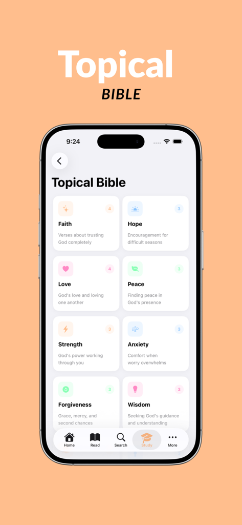 Bible App For Everyone - Topical Bible screen with categories like Faith Hope and Love