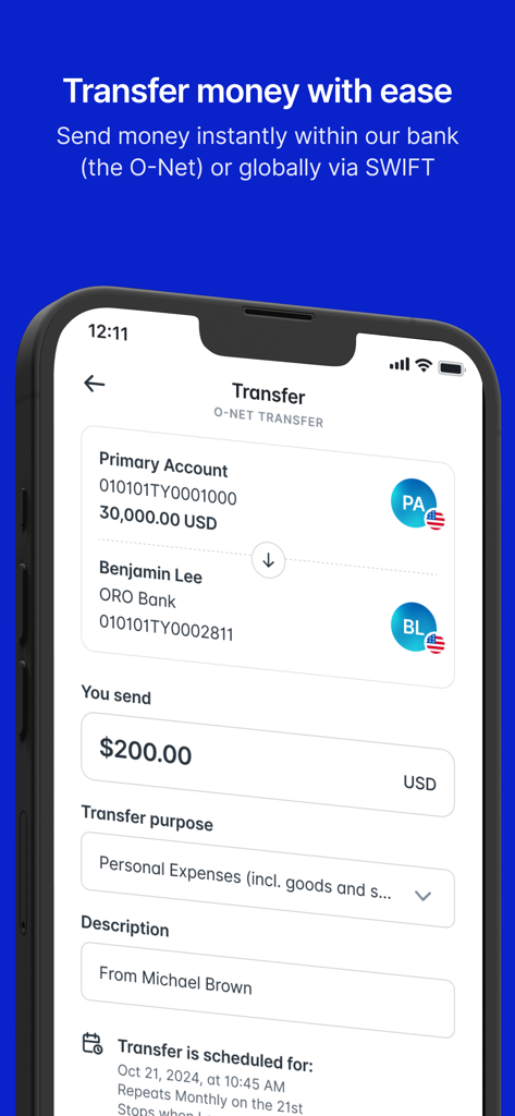 ORO Bank mobile app screen showing the money transfer interface for domestic and global SWIFT payments