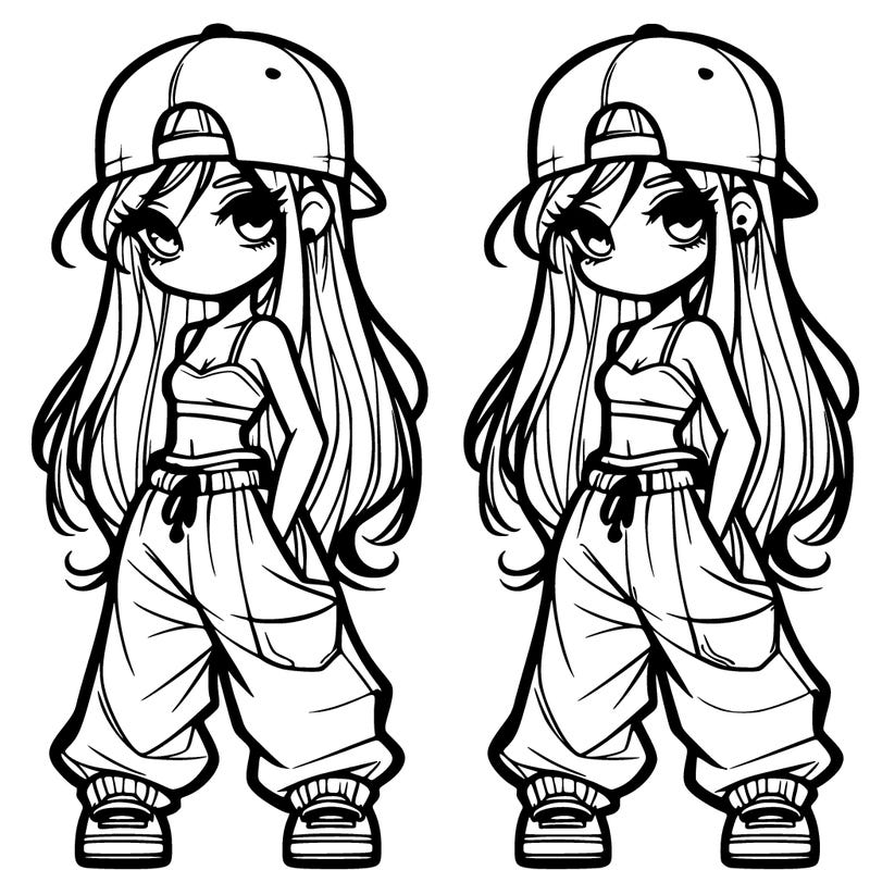 girl in baggy pants crop top and long hair