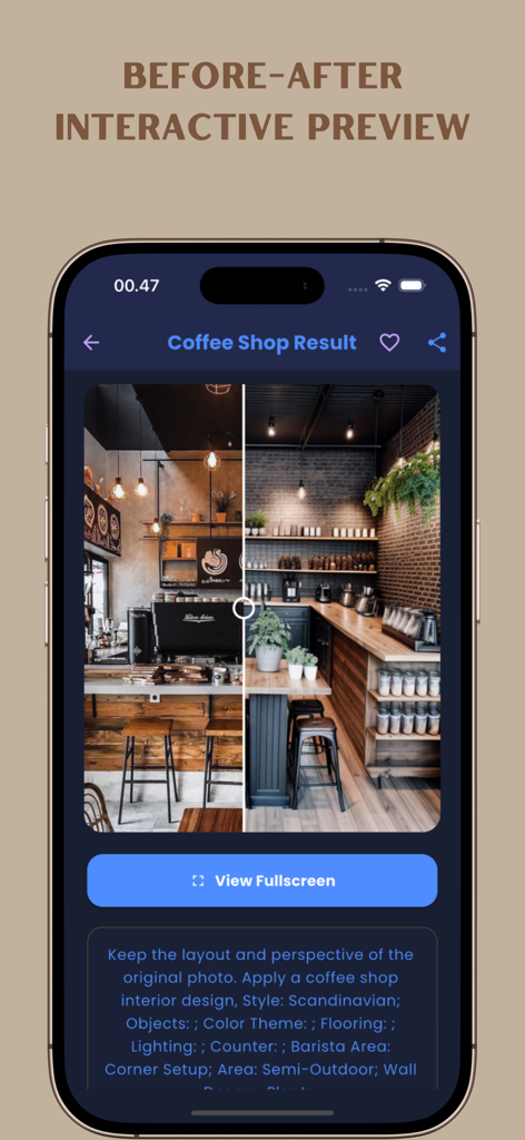 AI Coffee Shop Decorations - Before and after interactive slider showing AI coffee shop interior design