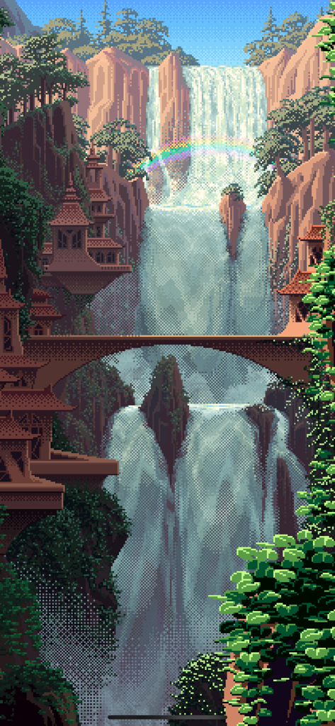 Living Worlds - Mark Ferrari - A vertical pixel art illustration of a towering waterfall with a rainbow, stone bridge, and traditional pagodas on a lush cliffside.