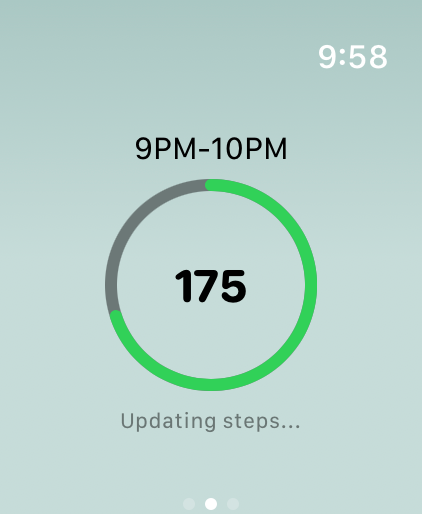 Hourly Steps Reminder - Apple Watch screen showing 175 steps recorded for the nine to ten pm hour with a progress ring