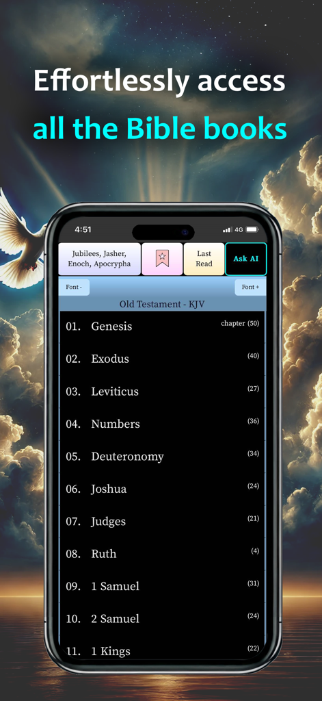 Bible & AI: KJV with Apocrypha - Smartphone screen displaying the list of Old Testament books in the KJV Bible with AI study features