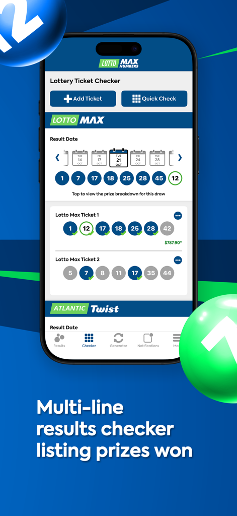 Interfaz de la app Lotto Max mostrando un comprobador de resultados de billetes de varias líneas con números ganadores y premios obtenidos.