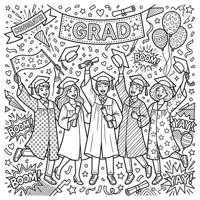 Relive the excitement of graduation with this dynamic Pop Art coloring page featuring cheerful teenage graduates. It's a fantastic way to honor educational achievements and artistic expression.