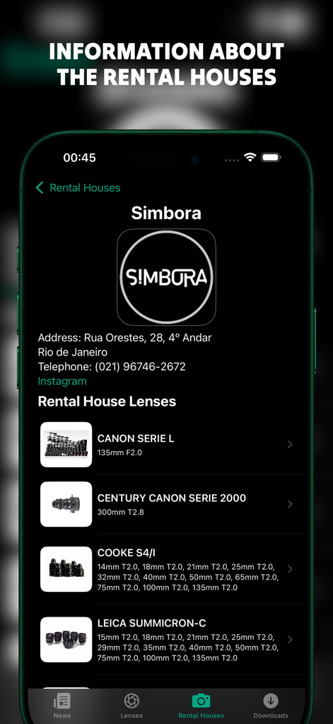 A screen showing the contact information and lens inventory of a cinema equipment rental house