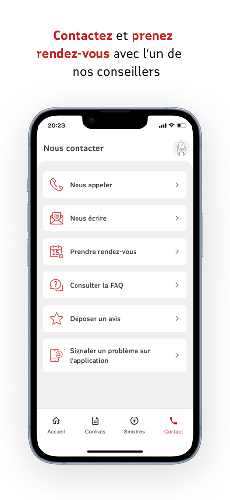 MAIF - Assurances auto, maison - Screenshot della pagina contatti dell'app MAIF che mostra le opzioni per chiamare, messaggiare, prenotare un appuntamento e accedere alle FAQ.