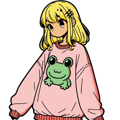 girl wearing frogging sweatshirt