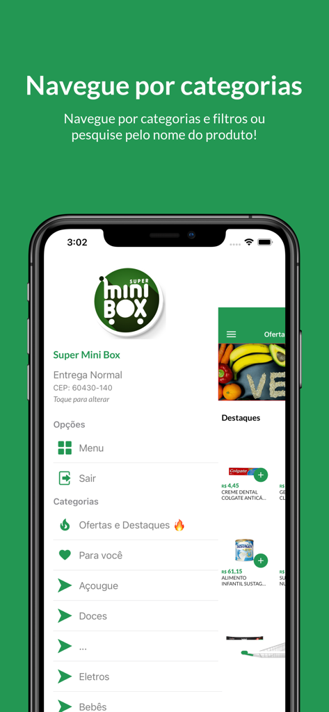 Supermercado Minibox - Interface do aplicativo Supermercado Minibox mostrando o menu de categorias como acougue e doces
