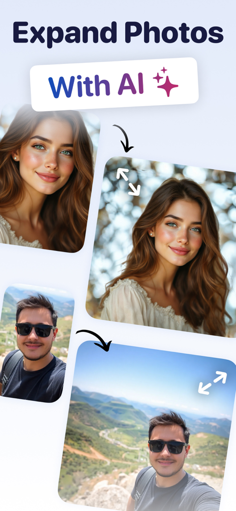 ポートレート写真と風景写真がAIジェネレーティブテクノロジーで拡張される前後の例。