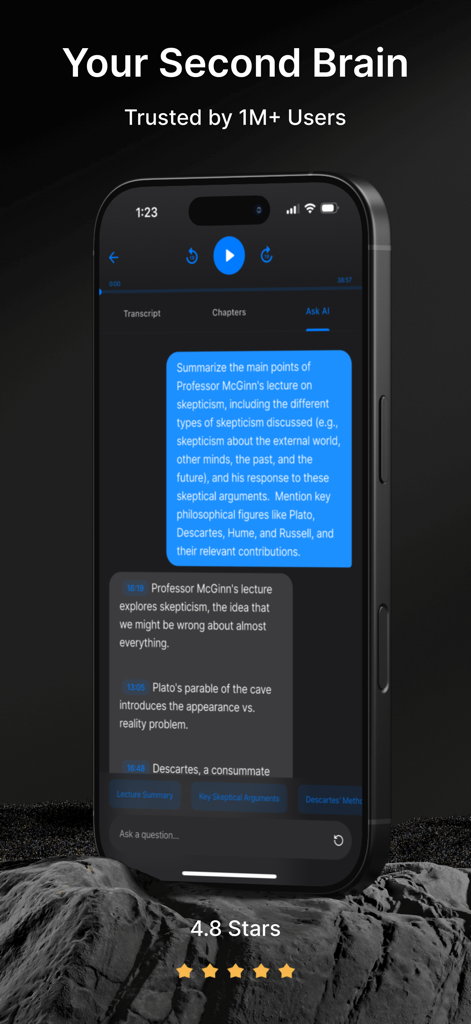 ScreenApp Meeting Minutes AI - iPhone screen showing ScreenApp AI assistant summarizing a lecture with 4.8 star rating and Second Brain slogan