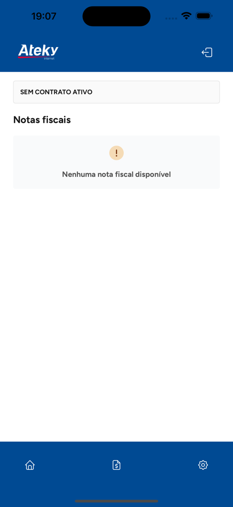 Interface of the Minha Ateky app showing the invoice section with a message indicating no active contract
