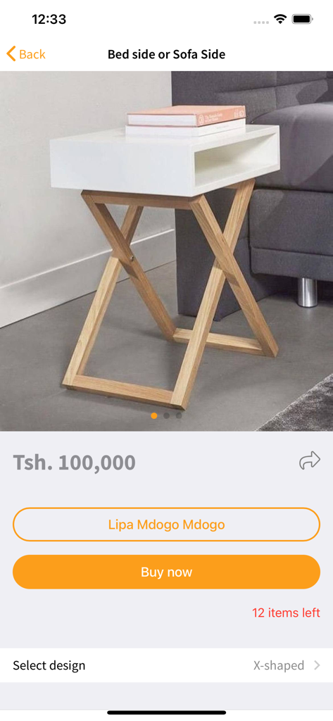 Swahilies - A product page for a bedside table in the Swahilies app featuring the Lipa Mdogomdogo payment option