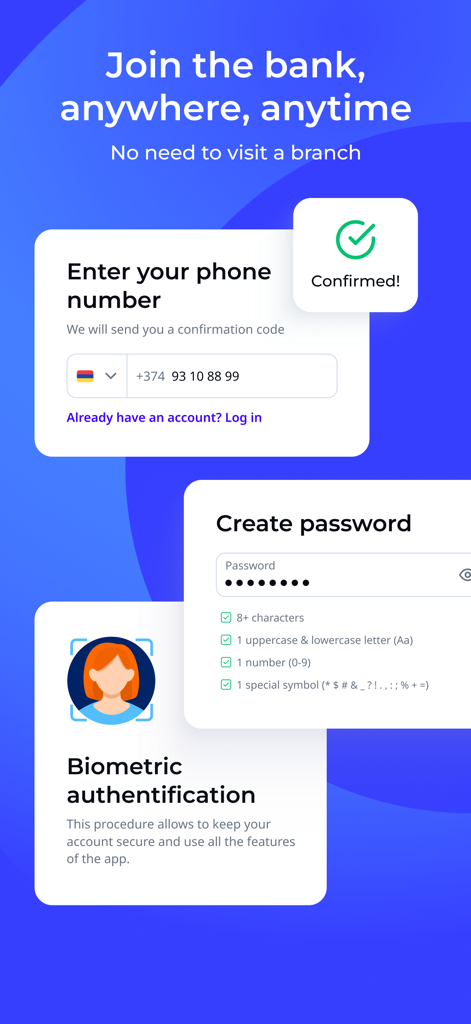 Converse Mobile - Onboarding screens for Converse Mobile showing phone verification password creation and biometric authentication setup