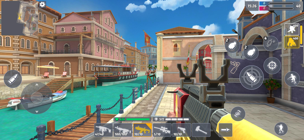 Contra Guns－PVP Shooting Game - Vista en primera persona de jugabilidad de disparos tácticos en un mapa urbano inspirado en Venecia