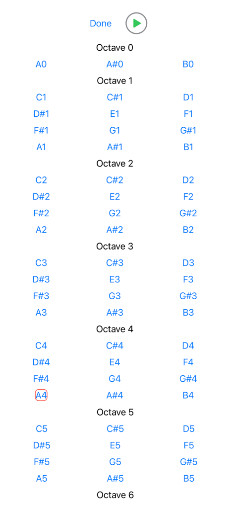 A list of musical notes organized by octaves in the TonePlayer app for frequency selection.
