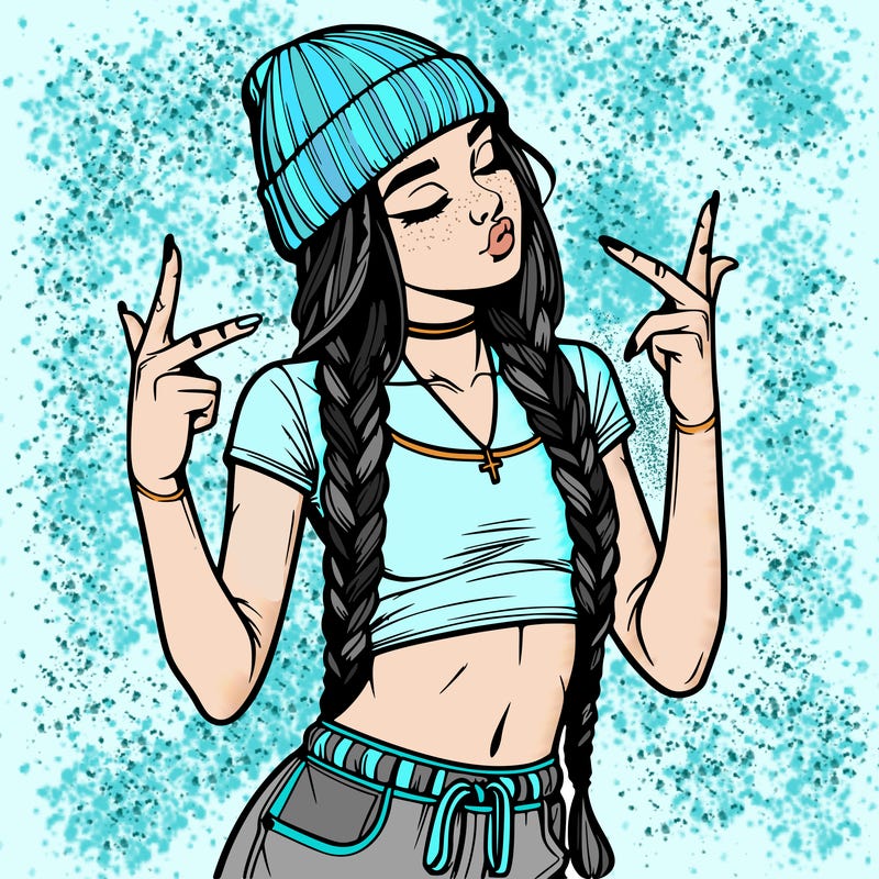 realistic teenage girl with braids and a beanie and crop top doing 🫶🏼