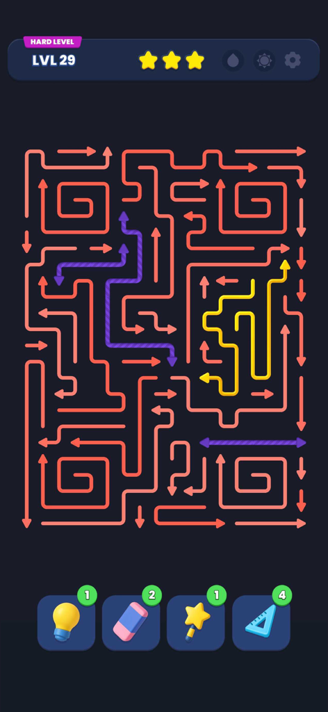 Arrow Out - Um complexo nível de quebra-cabeça direcional no Arrow Out com um labirinto de setas laranja com caminhos destacados em amarelo e roxo e reforços de jogo.