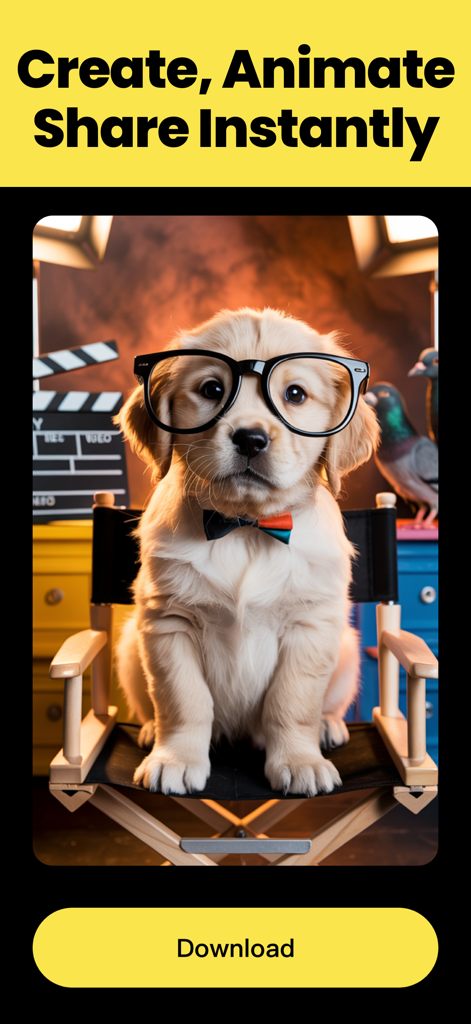 Highfield - AI Video Generator - Highfield AI Video Generator app screen showing a puppy in a director chair with the text Create Animate Share Instantly.