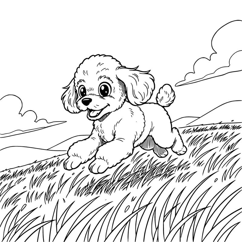 a toy poodle running in a grass field