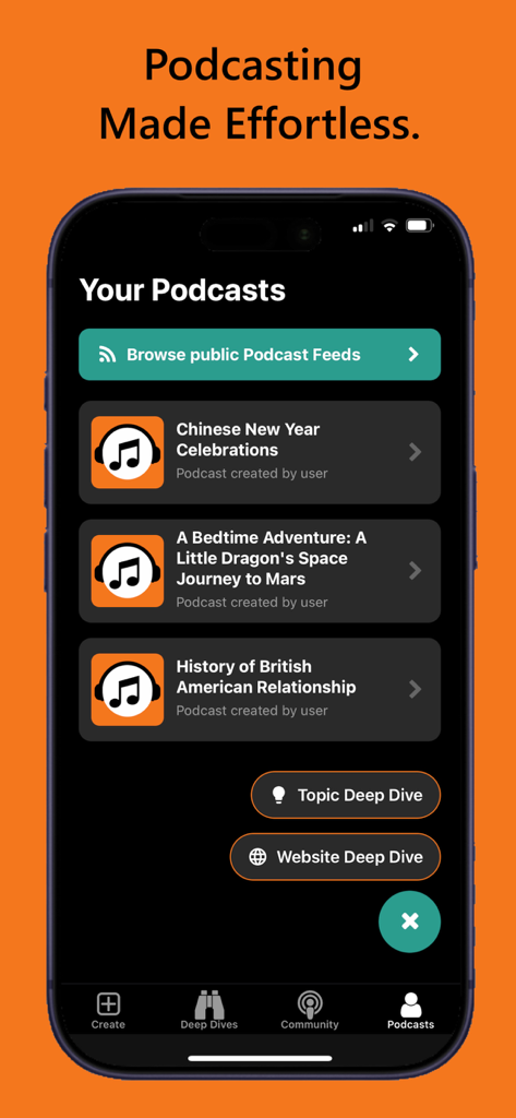 Capture d'écran de l'application AI Podcast Maker montrant l'écran Vos podcasts avec une liste de contenus audio créés par l'utilisateur et des options d'analyse approfondie.