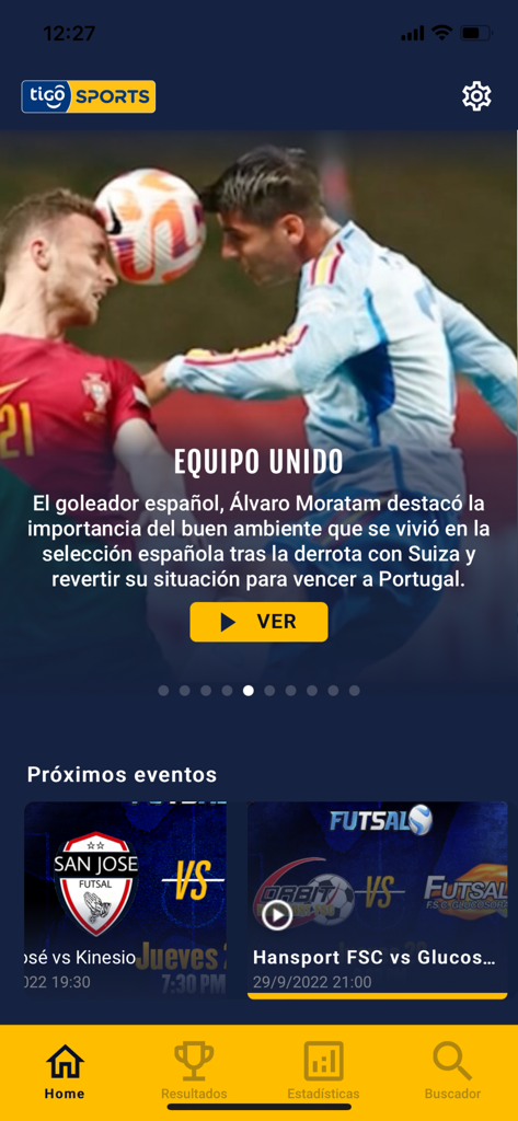 Tigo Sports Guatemala - Tigo Sports Guatemala app dashboard with soccer news and upcoming event listings